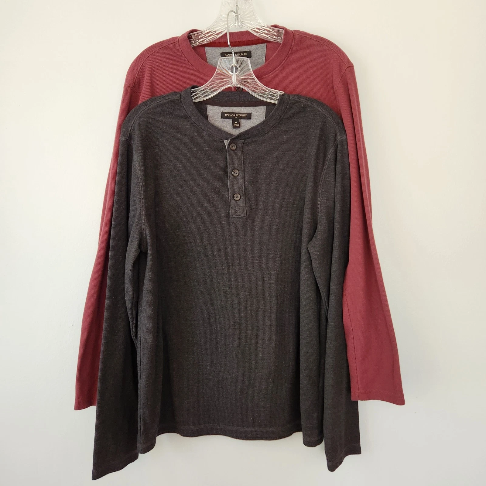 Banana Republic Henley Shirt Mens M Gray Burgundy Waffle Knit Heritage Lot of 2