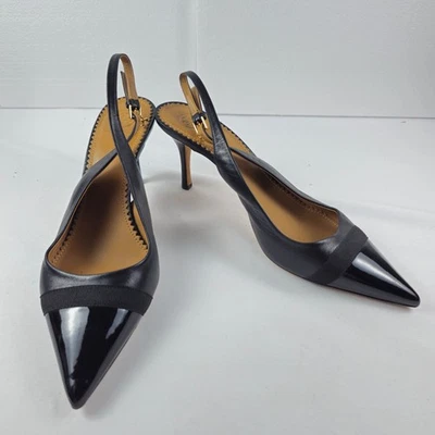 Tory Burch Black Leather Patent Cap Toe Slingback Pumps Heels Size 10 m.i. Italy - Image 1 of 4
