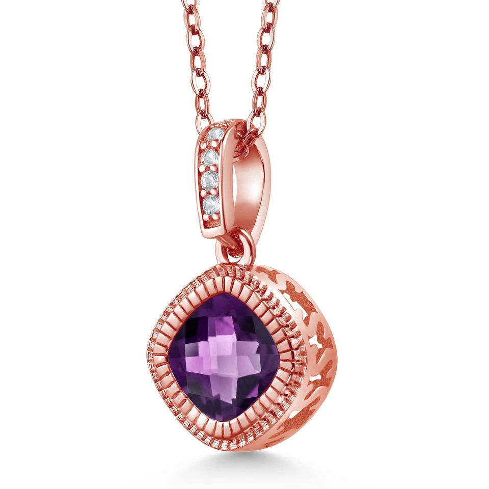 1.44 Ct Cushion  Purple Amethyst 18K Rose Gold Plated Silver Pendant with Chain - Image 2 of 3
