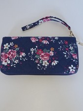 Blue Floral Fabric Ladies Wallet With Removable Wrist Strap Inner Pockets Zipper