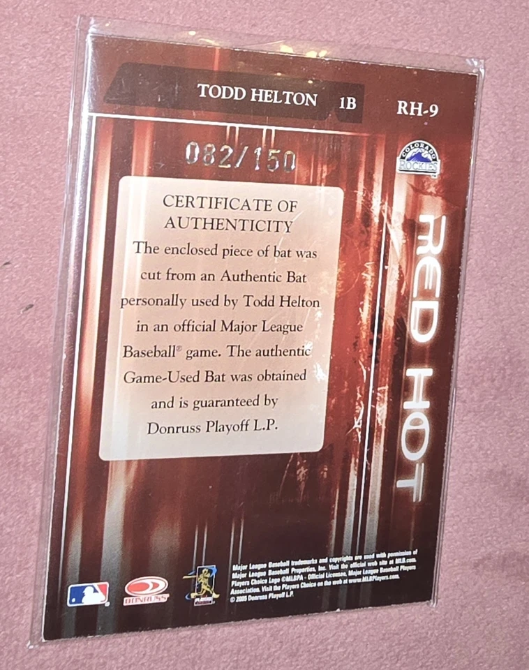 Donruss Zenith Todd Helton 2005 juego rojo caliente usado murciélago/150 Rockies Relic Foto 3 de 4