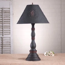 Davenport Table Lamp Punched Tin Shade Hartford Black with Red Stripe Handmade