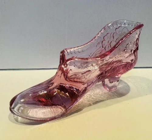 Vintage Fenton Art Glass Dusty Rose Cabbage Rose Slipper Shoe NWT