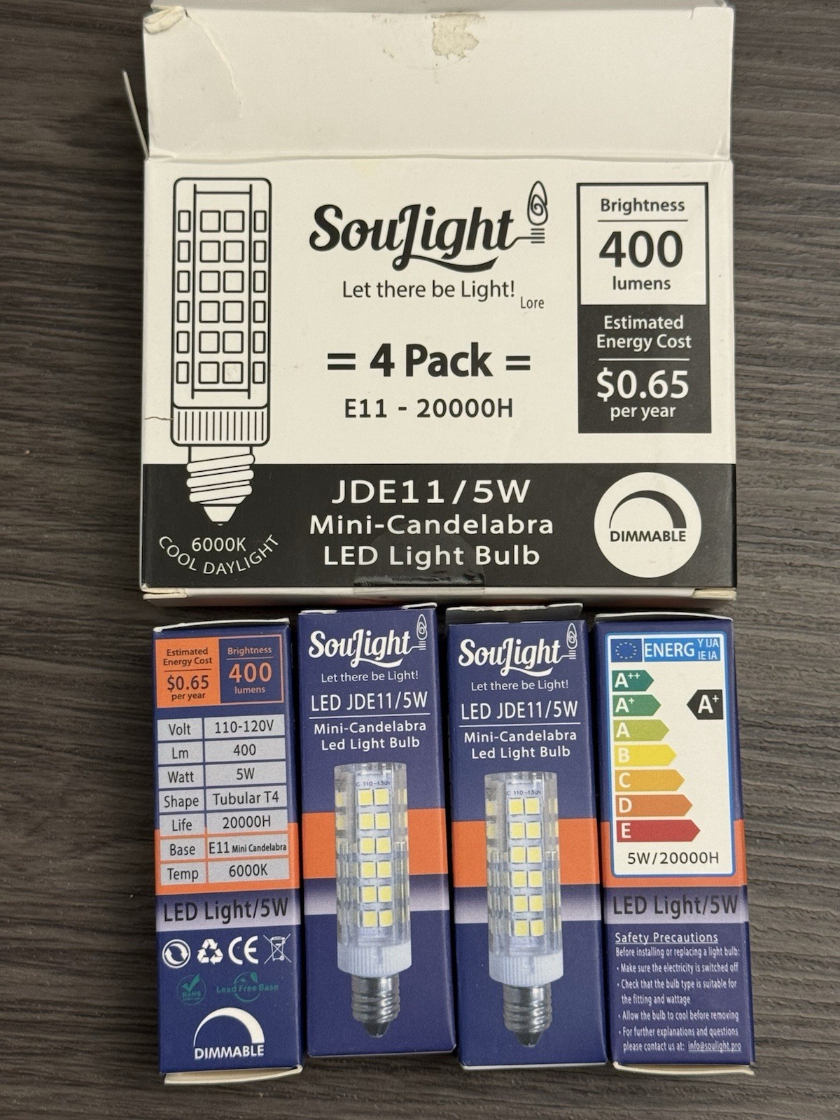 E11 LED Bulb Dimmable T3 T4 Mini Base JD E11 Bulb, 6000K, JDE11 120V 5W, 4 Pack