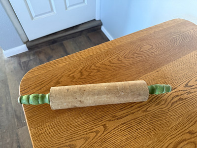 Vintage Wooden Rolling Pin 16'' with Green Handles Primitive Rustic Country