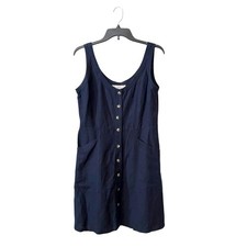 Loft Linen Short Dress Womens Size 6 Navy Blue Buttons Shift Sleeveless Pockets