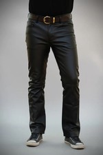 Men  s Black Genuine Cowhide Leather Biker Pants Slim Fit Motorcycle Riding Pants