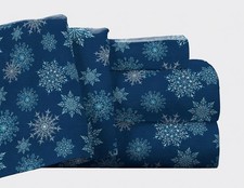 Flannel Deep Pocket Set with Oversized Flat Sheet, Queen, Snow Flakes Navy