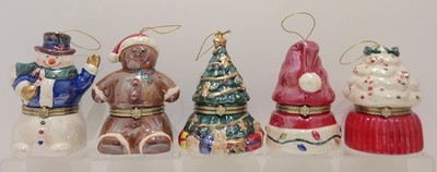 Mr. Christmas Set Of 5 Musical Hinged Trinket Box Ornaments Snowman Gingerbread
