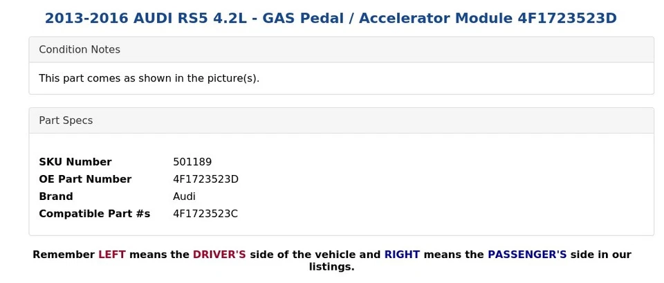 AUDI RS5 2013-2016 4,2 L - Pedal de gasolina/módulo acelerador 4F1723523D Foto 3 de 4