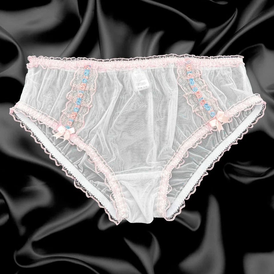 White Sheer Sissy Soft Nylon Frilly Satin Bow Briefs Panties Knickers Size 10-20 - Image 1 of 1