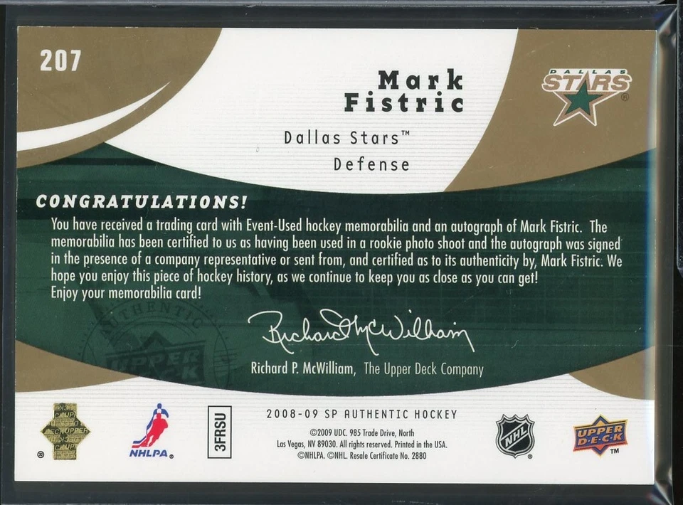 2008-09 SP Authentic Future Watch Limited Patch Auto #207 Mark Fistric 056/100 - Image 2 of 2