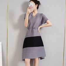 Women Short Sleeve V Neck Color Block Mid Long Knee Length A Line Dresses Summer