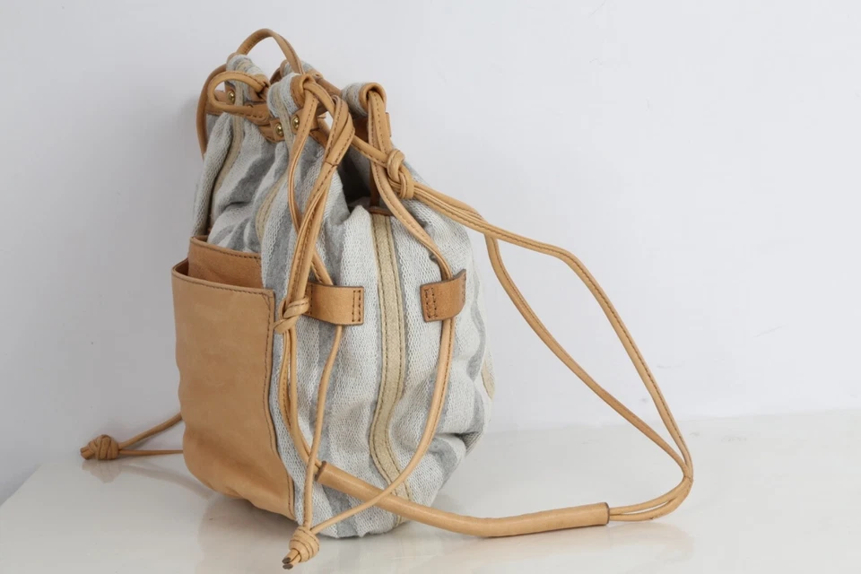 KOOBA Beige Striped Canvas Leather Bucket Bag - Image 2 of 4