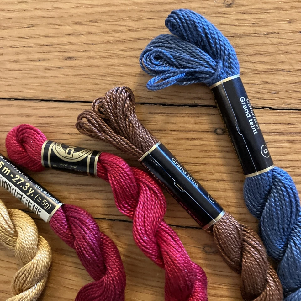 DMC Perle Cotton Size 5 Thread Lot 5 Skeins Red Blue Brown Gold 815 930 801 729 - Image 2 of 4