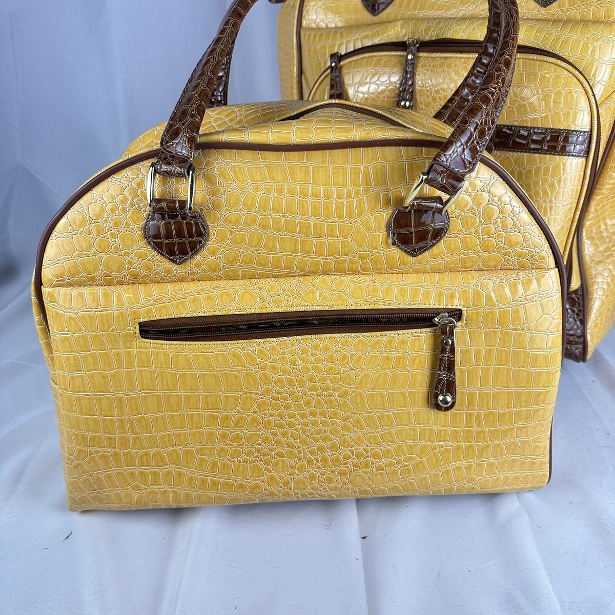 Set of 2 Samantha Brown Yellow/Brown Croc Embossed Wheeled 