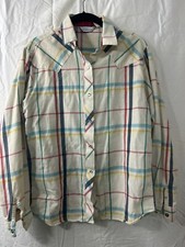 KARMAN Beige Red Stripe Pearl Snap Flannel Western Shirt Size M 34 Vintage 90s
