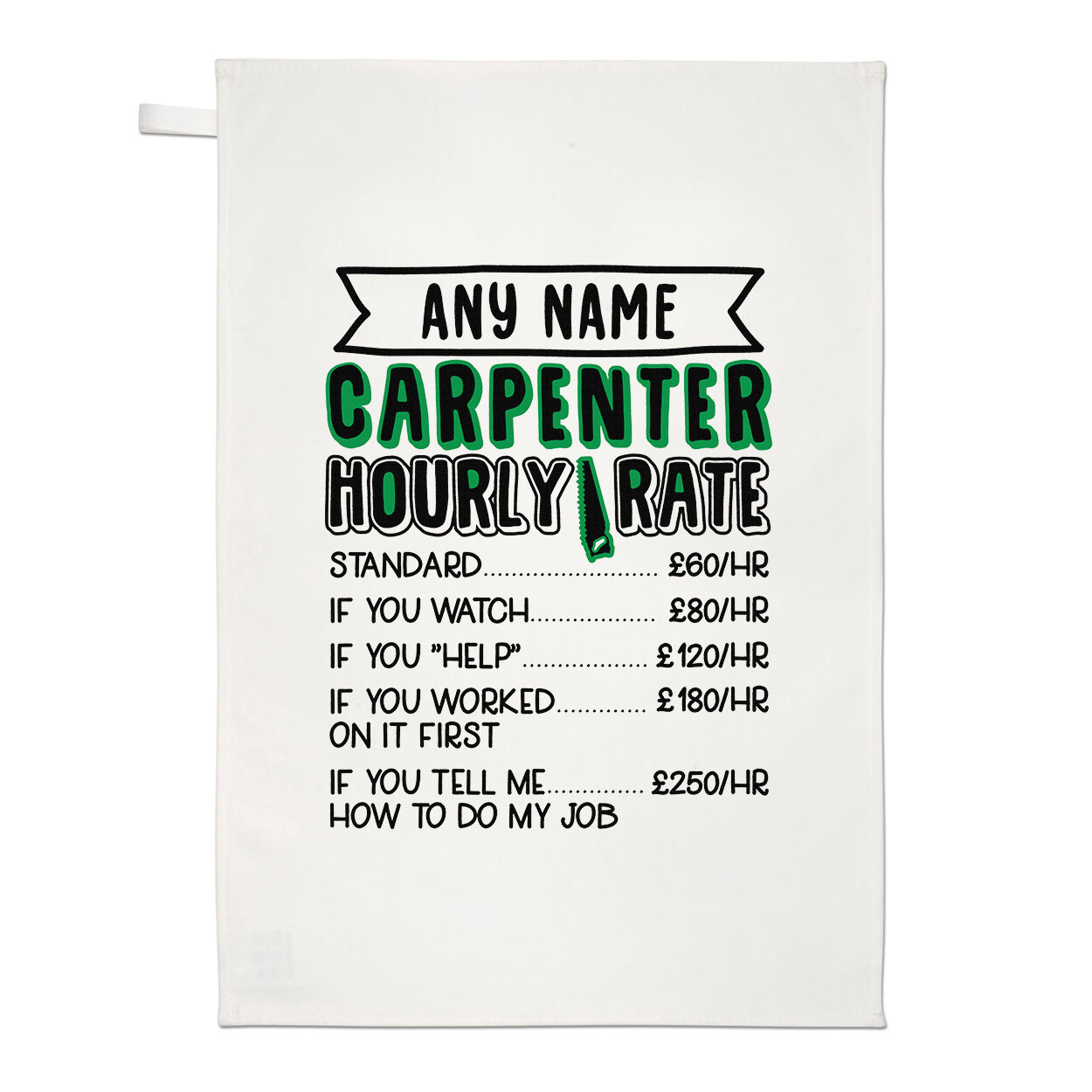 Personalised Carpenter Hourly Rate Tea Towel Funny Joke Sarcasm Best Awesome