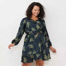 LC Lauren Conrad Women's Plus Size Navy Sprigs Balloon Sleeve Wrap Dress 4X 