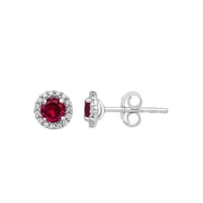 Created Ruby and White CZ Sterling Silver Cushion-Framed Earrings