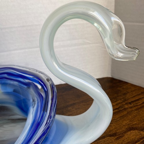 VTG Murano Style Swan Sculpture Art Glass Bowl Blue White Swirl Large Glass Swan - Picture 11 of 16