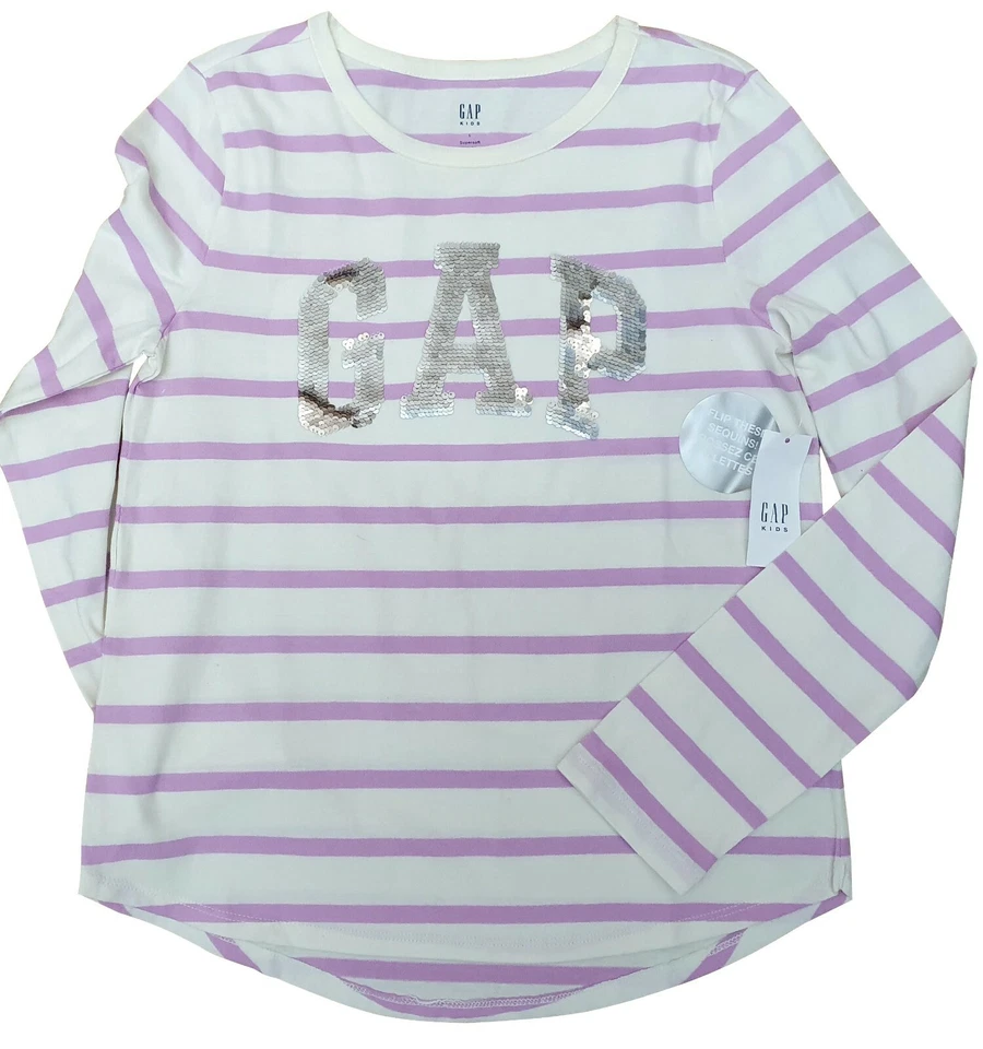 GAP Girls White Lilac Stripe Sequin Gap Logo Long Sleeve T Shirt MRRP £16.99 - Image 2 of 4