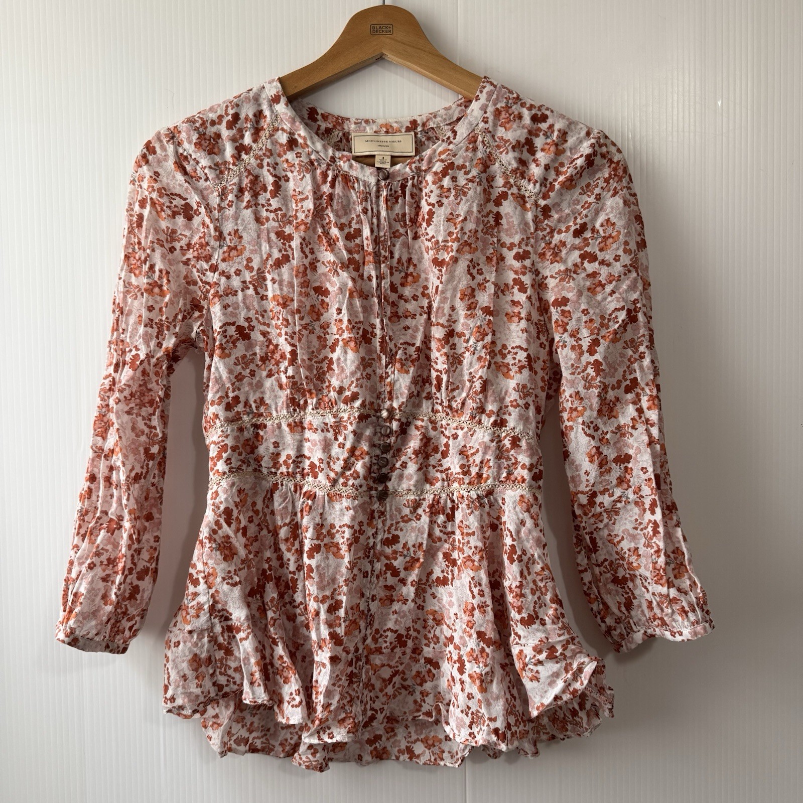 Moulinette Soeurs Anthropologie Floral Peplum Blouse Boho Romantic Silk Blend 4