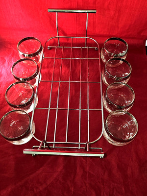 MCM 1960s Dorothy Thorpe Style 8 Roly Poly Silver Rimmed Glasses Caddy Rack EUC!