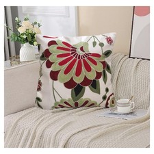Floral Embroidered Red Flowers Decorative Throw Pillow Cover 18"x18" Farmhous...