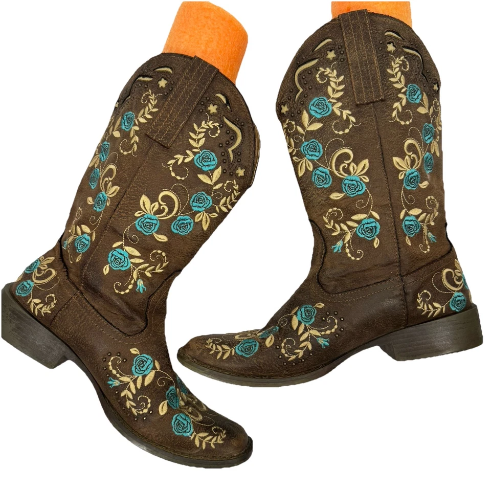 Botas vaqueras vaqueras Ropers de cuero curvado turquesa floral bordadas talla 9 Foto 4 de 4