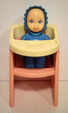 Little Tikes Highchair & Baby Figure Dollhouse Pink White Blue Mini Vintage