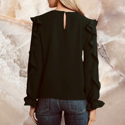CeCe Long Sleeve Blouse with Ruffle Sleeve Black Size XS NWT