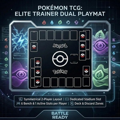 Two Player Pokemon Playmat - PTCG Duo Battle Mat 24''x24'', Non-Slip Rubber Base