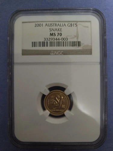 2001 Australia 15 Dollars Gold Year Of The Snake 1/10 Oz Gold MS70 NGC