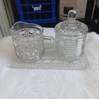 Vintage Federal Glass Windsor Button and Cane creamer & sugar w/lid and Plate