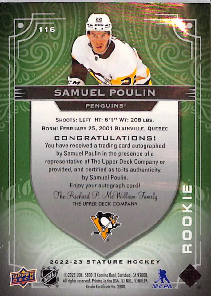 2022-23 Upper Deck Stature Pittsburgh Penguins Samuel Poulin RC AUTO #116 /20 - Image 2 of 2