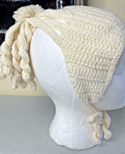 Vintage Handcrafted Baby Girl Toddler Ivory Crochet Pom Pom Curly Cue Hat Cap