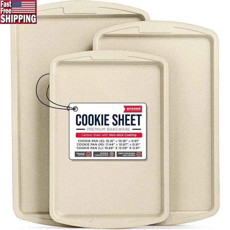 Non-Stick Cookie Sheet Set 3 Pieces Stackable Baking Pans Dishwasher Safe New