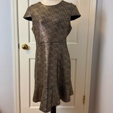 Michael Kors Metallic Black & Gold Flounce Hem Cap Sleeve Fit & Flare Dress, L