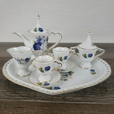 Miniature Tea Set Blue Roses Heart Shaped Porcelain Doll House