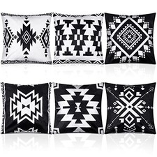Aztec Boho Throw Pillow Covers Black White 18 x 18 Inches Set of 6