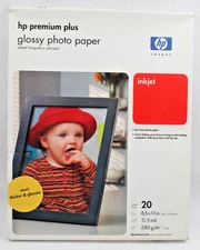 hp Premium Plus Glossy Photo Paper 8.5 x 11" open box, paper is sealed 20 sheets
