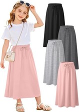 4 Pack Girls Long Skirts, A-Line, Elastic Waist, Drawstring, Ankle Length