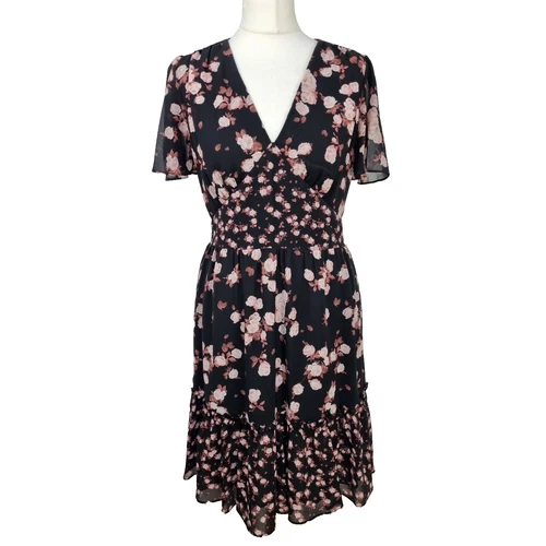 Abito da tè Michael Kors taglia 10 nero rosa stampa floreale float estivo georgette