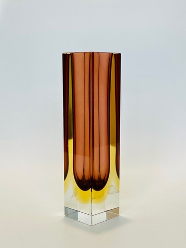 Vintage Oball Murano Sommerso Square Glass Vase Amber & Yellow 20cm - Picture 20 of 21