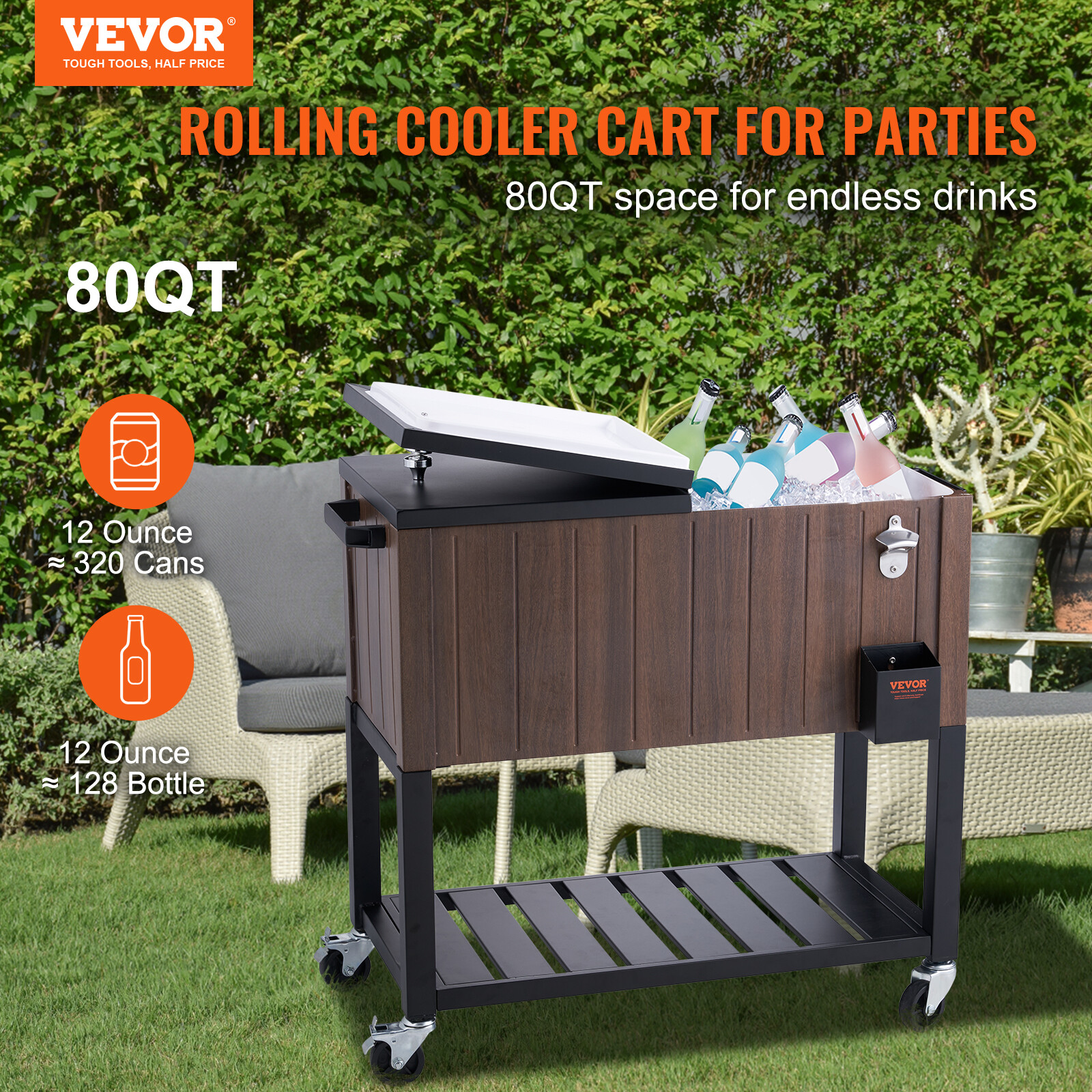 VEVOR 80Qt Patio Cooler Cart Outdoor Rolling Ice Chest Woodgrain Party