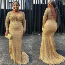 Luxury Mermaid Evening Dresses Gold Lace Backless Long Sleeves Party Prom Gowns