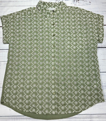 Cupio Womens Short Dolman Sleeve Button Front Blouse Medium Green Embroidered