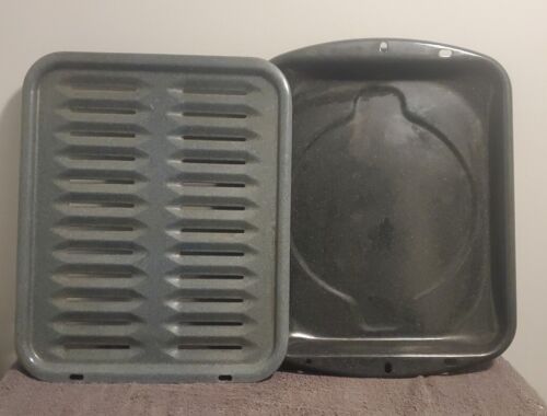 Vintage OVEN BROILER PAN Grill Rack & Drip Pan Gray Speckled Enamel 2 pc - Picture 1 of 8