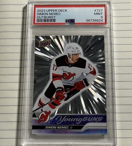 2023-24 UD Extended Simon Nemec Rookie Young Guns Silver Outburst #727 PSA 9